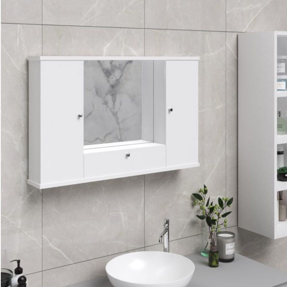 Specchiera mobile bagno pensile 2 ante e ribalta bianco frassinato Specchiera mobile bagno pensile 2 ante e ribalta bianco frassinato