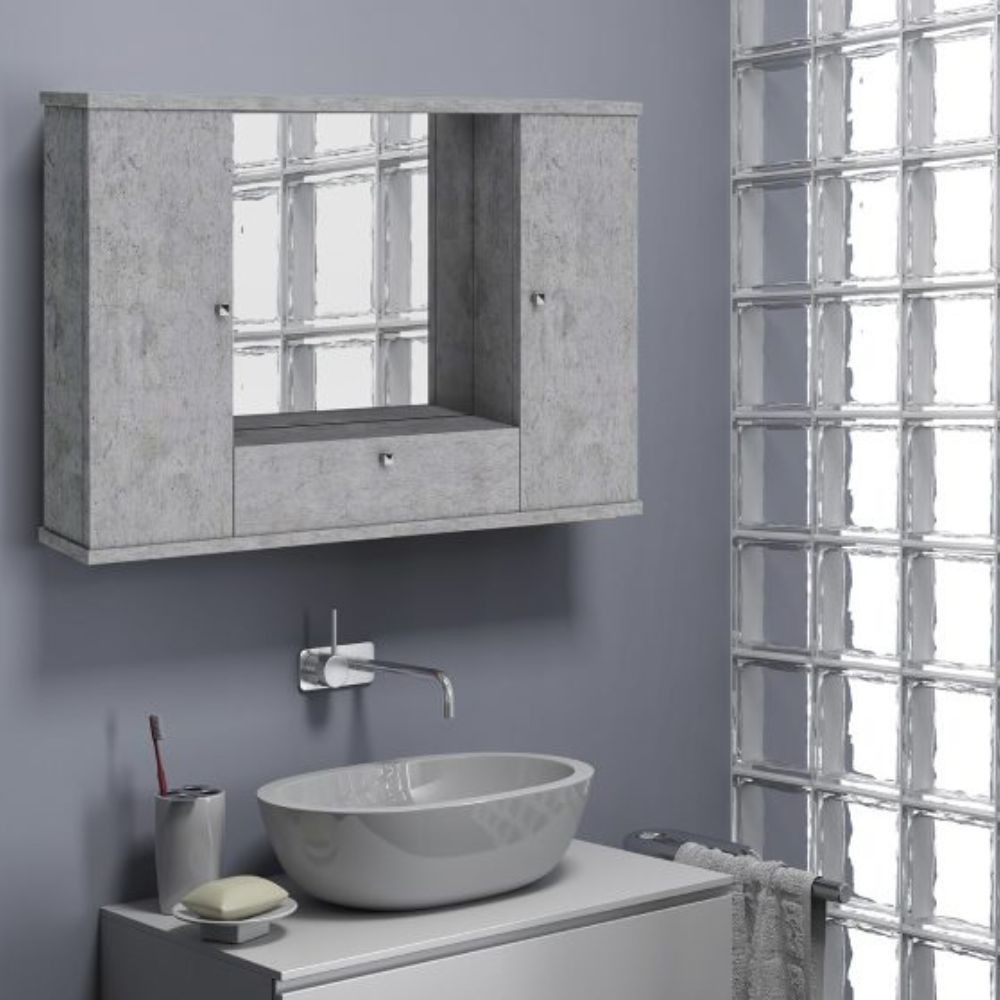 Specchiera mobile bagno pensile 2 ante e ribalta cemento Specchiera mobile bagno pensile 2 ante e ribalta cemento