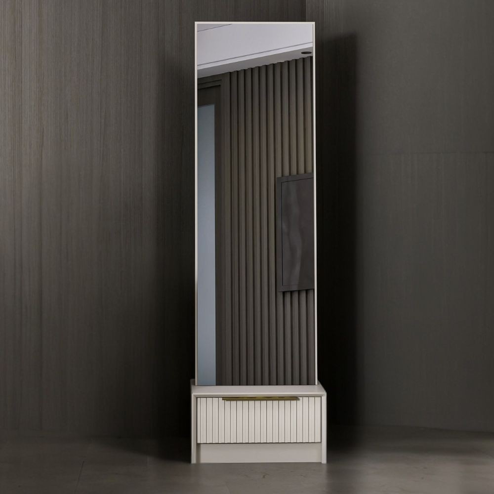 Specchio con base cassetto Kale colore cashmere effetto cannettato Specchio con base cassetto Kale colore cashmere effetto cannettato