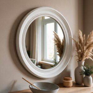 Specchio decorativo da parete MR512 rotondo con cornice con bordo interno perlinato bianco
