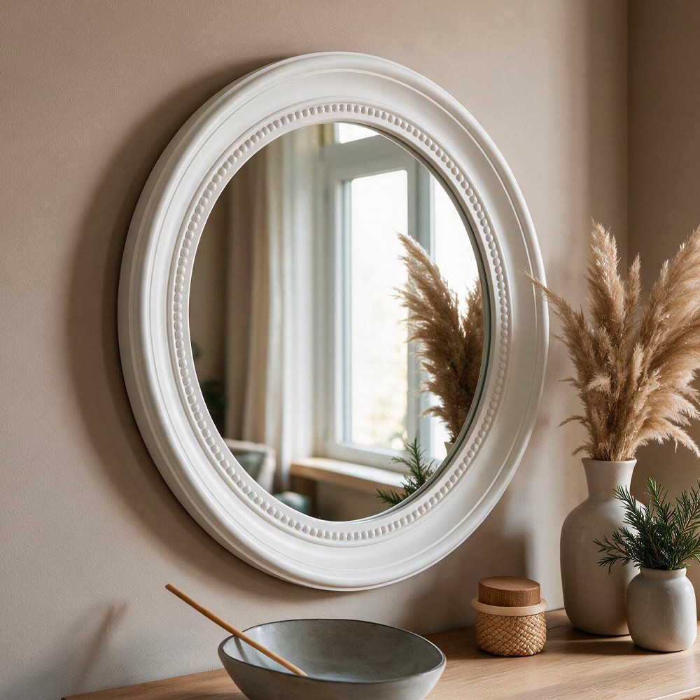 Specchio decorativo da parete MR512 rotondo con cornice con bordo interno perlinato bianco Specchio decorativo da parete MR512 rotondo con cornice con bordo interno perlinato bianco