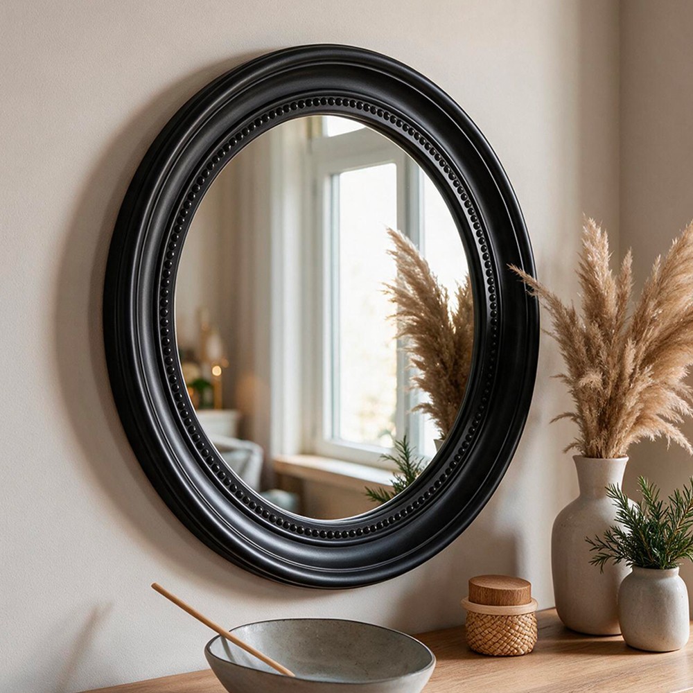 Specchio decorativo da parete MR512 rotondo con cornice con bordo interno perlinato nero Specchio decorativo da parete MR512 rotondo con cornice con bordo interno perlinato nero