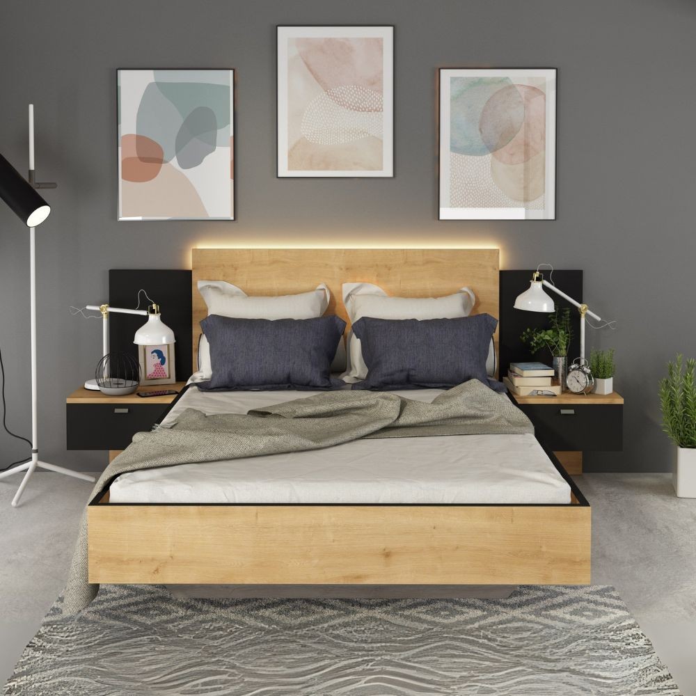 Struttura letto alla francese 1517 con comodini integrati colore rovere e nero Struttura letto alla francese 1517 con comodini integrati colore rovere e nero