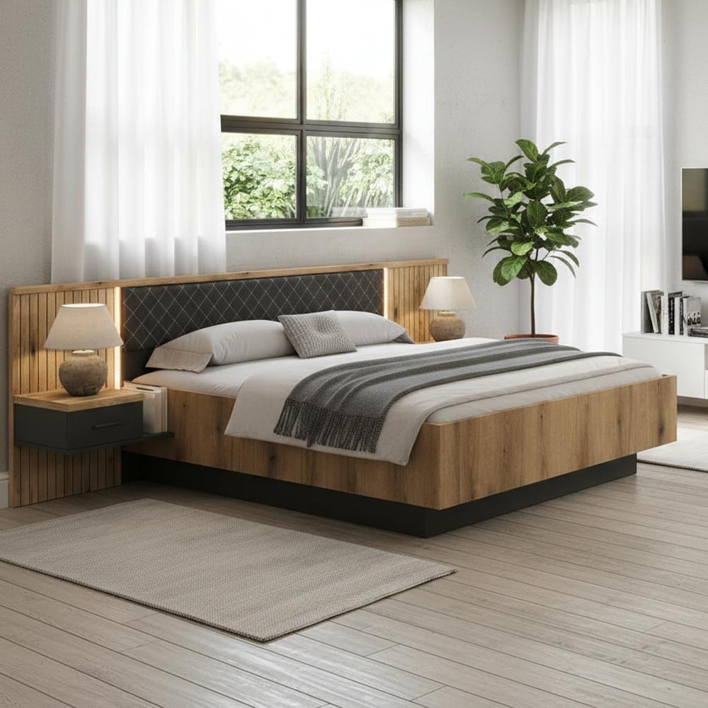 Struttura letto matrimoniale Esteban296 con testiera a boiserie dogata con luci LED e comodini integrati in rovere e antracite Struttura letto matrimoniale Esteban296 con testiera a boiserie dogata con luci LED e comodini integrati in rovere e antracite