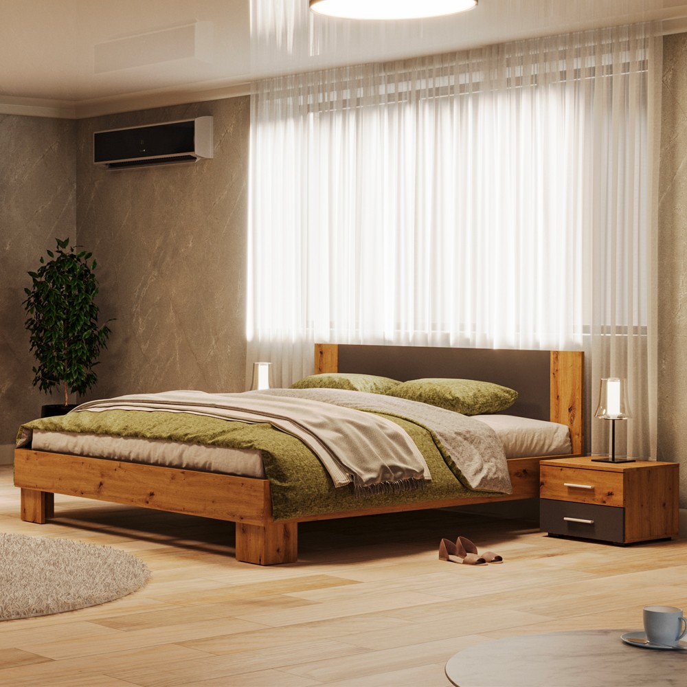 Struttura letto matrimoniale Meria 180 cm. con comodini integrati antracite e rovere Struttura letto matrimoniale Meria 180 cm. con comodini integrati antracite e rovere