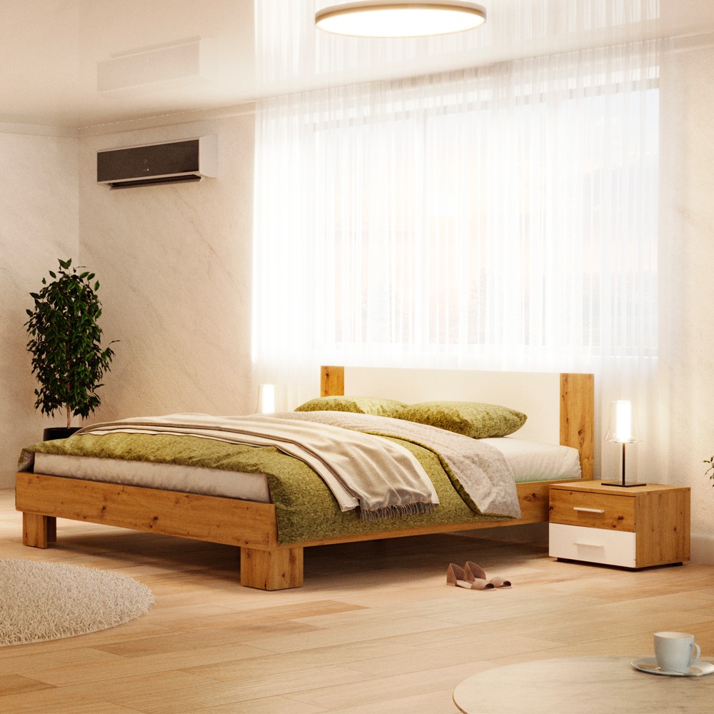 Struttura letto matrimoniale Meria 180 cm. con comodini integrati bianco e rovere Struttura letto matrimoniale Meria 180 cm. con comodini integrati bianco e rovere