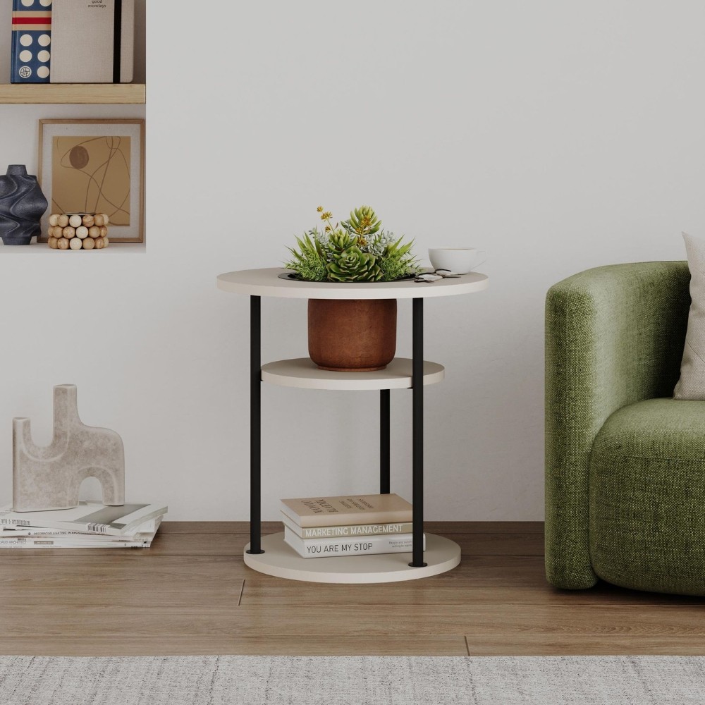 Tavolino da salotto Grova con ripiani circolari regolabili con apertura centrale cashmere Tavolino da salotto Grova con ripiani circolari regolabili con apertura centrale cashmere