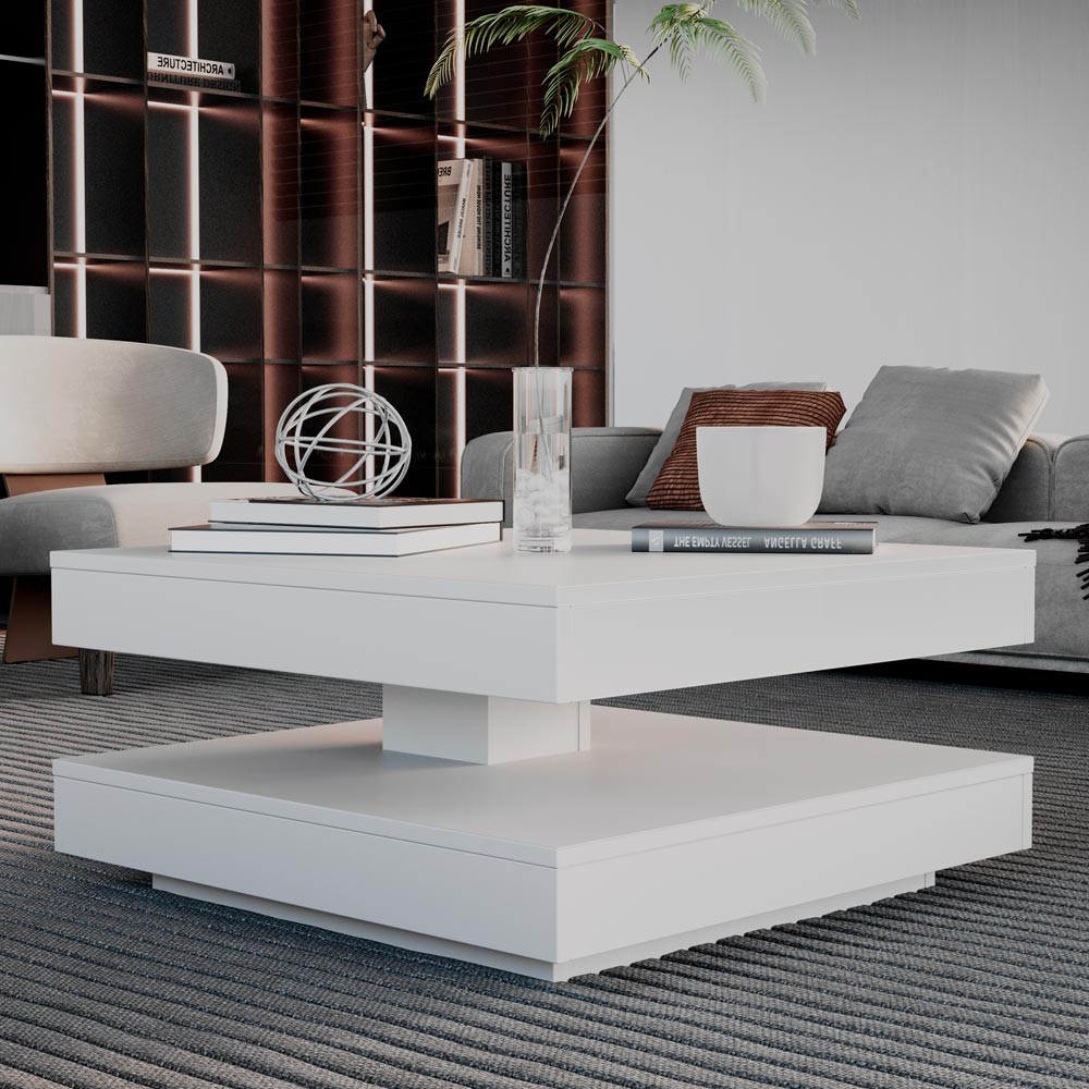 Tavolino da salotto Monolith doppio piano girevole quadrato sovrapposto in bianco Tavolino da salotto Monolith doppio piano girevole quadrato sovrapposto in bianco