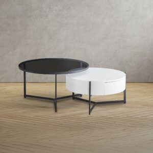 Tavolino da salotto Velvi con doppio piano e cassetto in colore bianco e nero