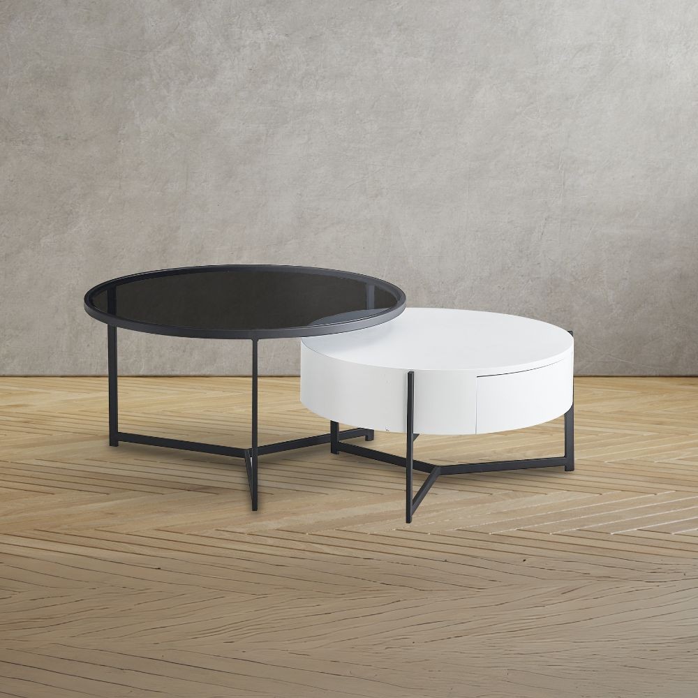 Tavolino da salotto Velvi con doppio piano e cassetto in colore bianco e nero Tavolino da salotto Velvi con doppio piano e cassetto in colore bianco e nero