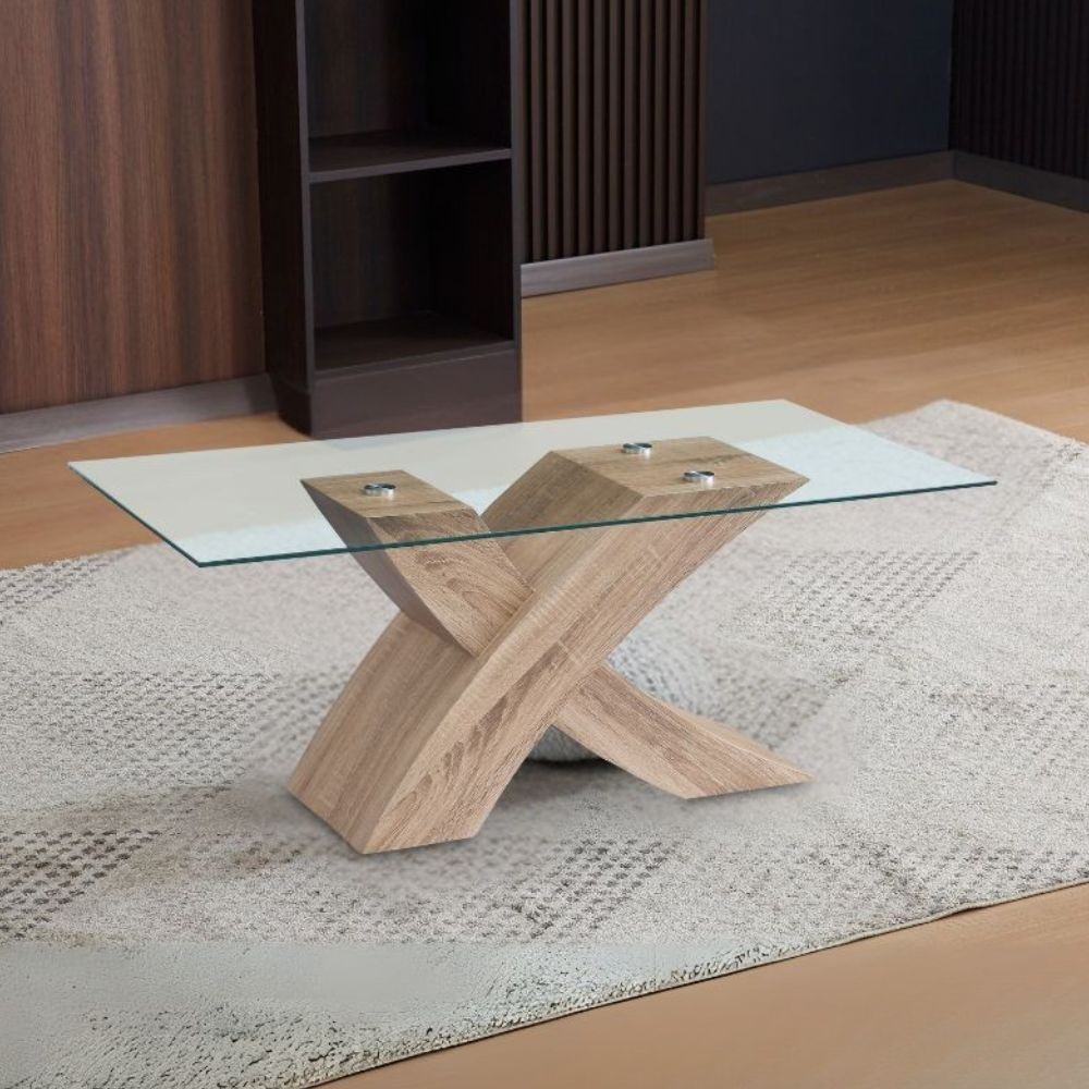 Tavolino Shiva con piano in vetro temperato e struttura colore rovere WD03 Tavolino Shiva con piano in vetro temperato e struttura colore rovere WD03