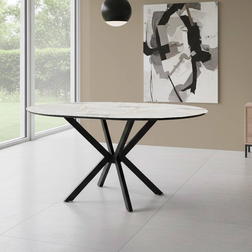 Tavolo allungabile Diano con piano effetto marmo bianco mola e gambe nere Tavolo allungabile Diano con piano effetto marmo bianco mola e gambe nere