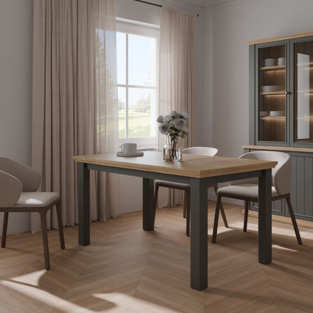 Tavolo allungabile Essenza con piano rovere e struttura grigio scuro Tavolo allungabile Essenza con piano rovere e struttura grigio scuro