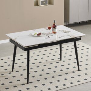 Tavolo allungabile Expandia con piano in ceramica e allunghe laterali effetto marmo bianco lucido e gambe in metallo nero