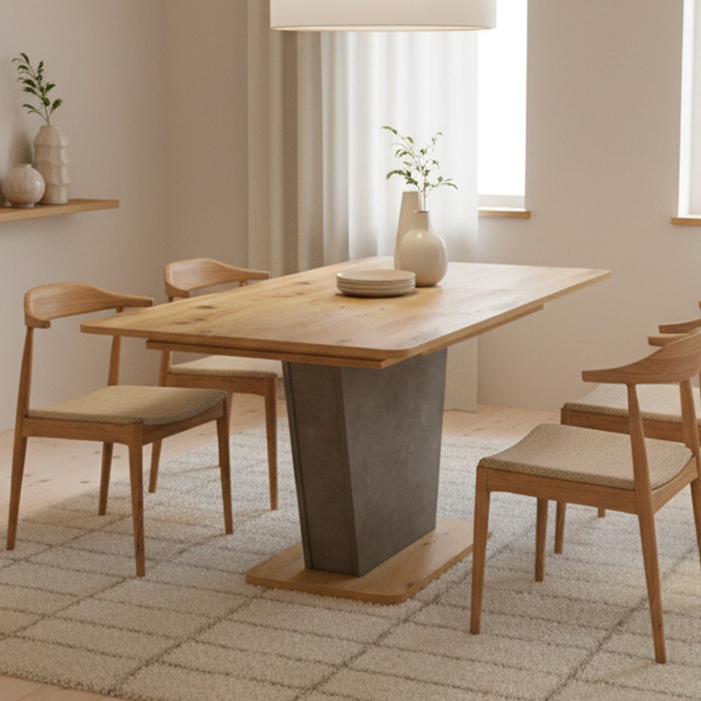 Tavolo allungabile Lali con allunga centrale e base colore rovere e gambe cemento Tavolo allungabile Lali con allunga centrale e base colore rovere e gambe cemento
