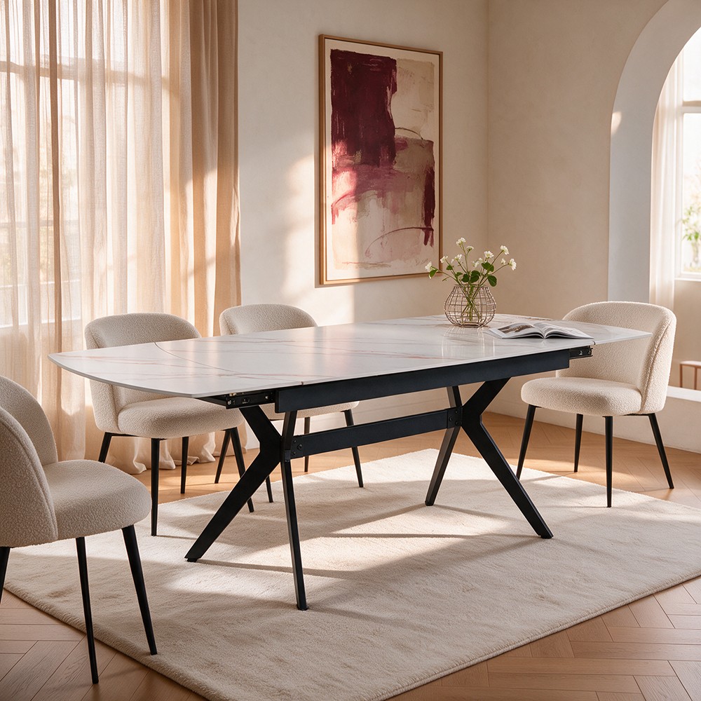 Tavolo allungabile Riley con piano in ceramica effetto marmo bianco lampaski lucido Tavolo allungabile Riley con piano in ceramica effetto marmo bianco lampaski lucido