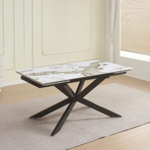 Tavolo allungabile Roxane con piano in ceramica effetto marmo arabesque M317 lucido e gambe in metallo nero