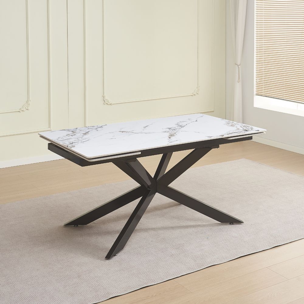 Tavolo allungabile Roxane con piano in ceramica effetto marmo bianco M346 lucido e gambe in metallo nero Tavolo allungabile Roxane con piano in ceramica effetto marmo bianco M346 lucido e gambe in metallo nero