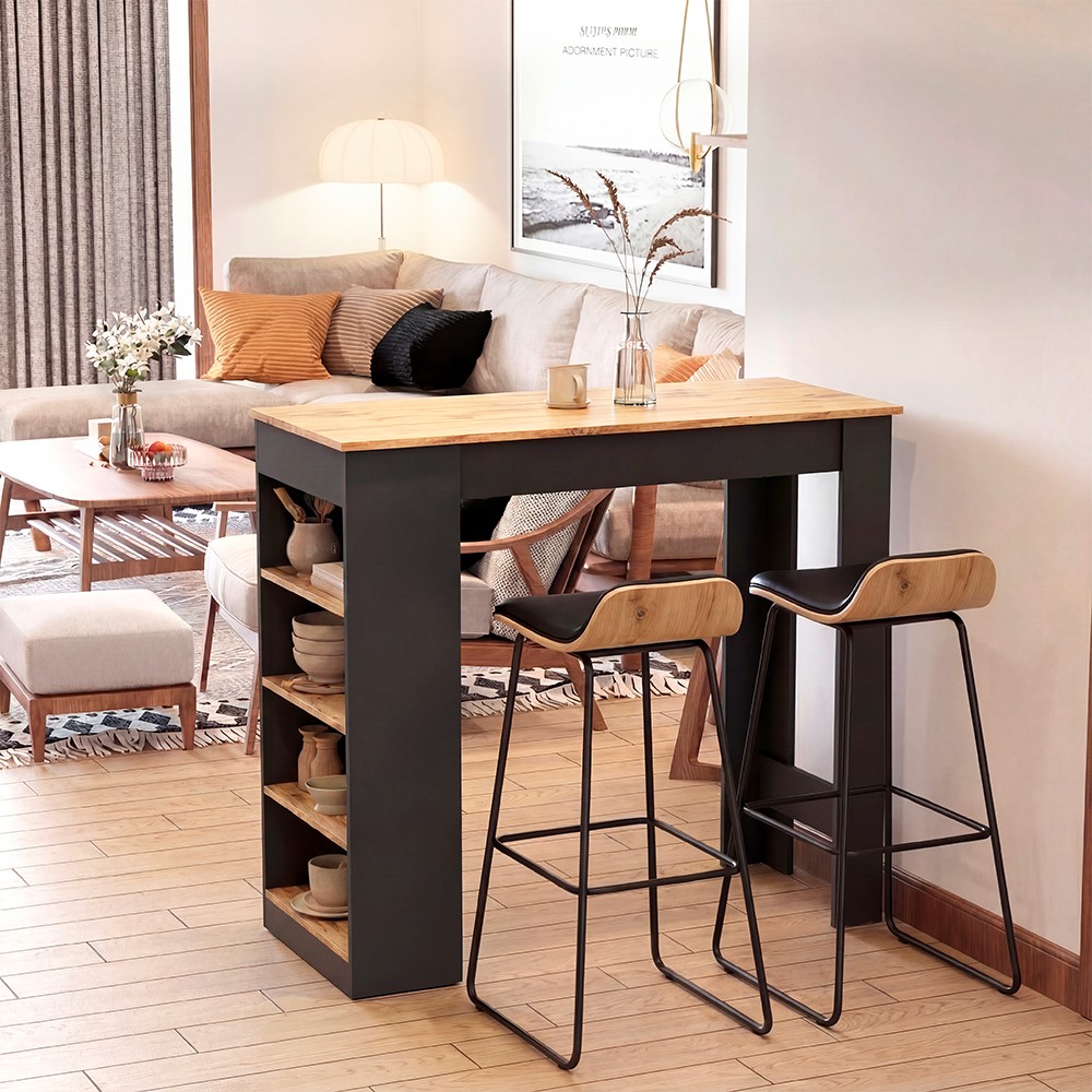 Tavolo consolle alta Kivo con ripiani laterali in antracite e top rovere Tavolo consolle alta Kivo con ripiani laterali in antracite e top rovere