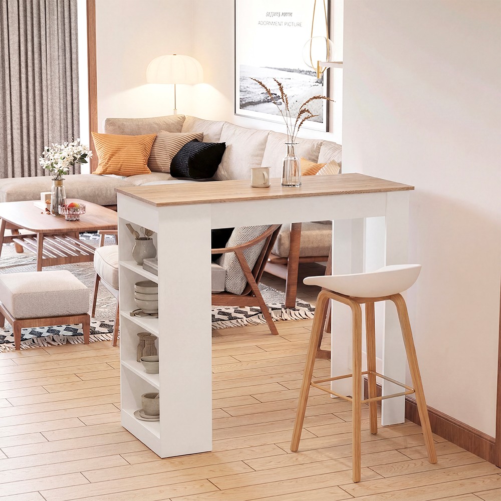 Tavolo consolle alta Kivo con ripiani laterali in bianco e top rovere Tavolo consolle alta Kivo con ripiani laterali in bianco e top rovere