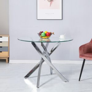 Tavolo da pranzo tondo fisso Peyton con piano in vetro temperato e gambe cromate 130x130 cm.