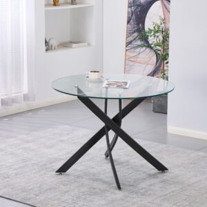 Tavolo da pranzo tondo fisso Peyton con piano in vetro temperato e gambe nere 100x100 cm.