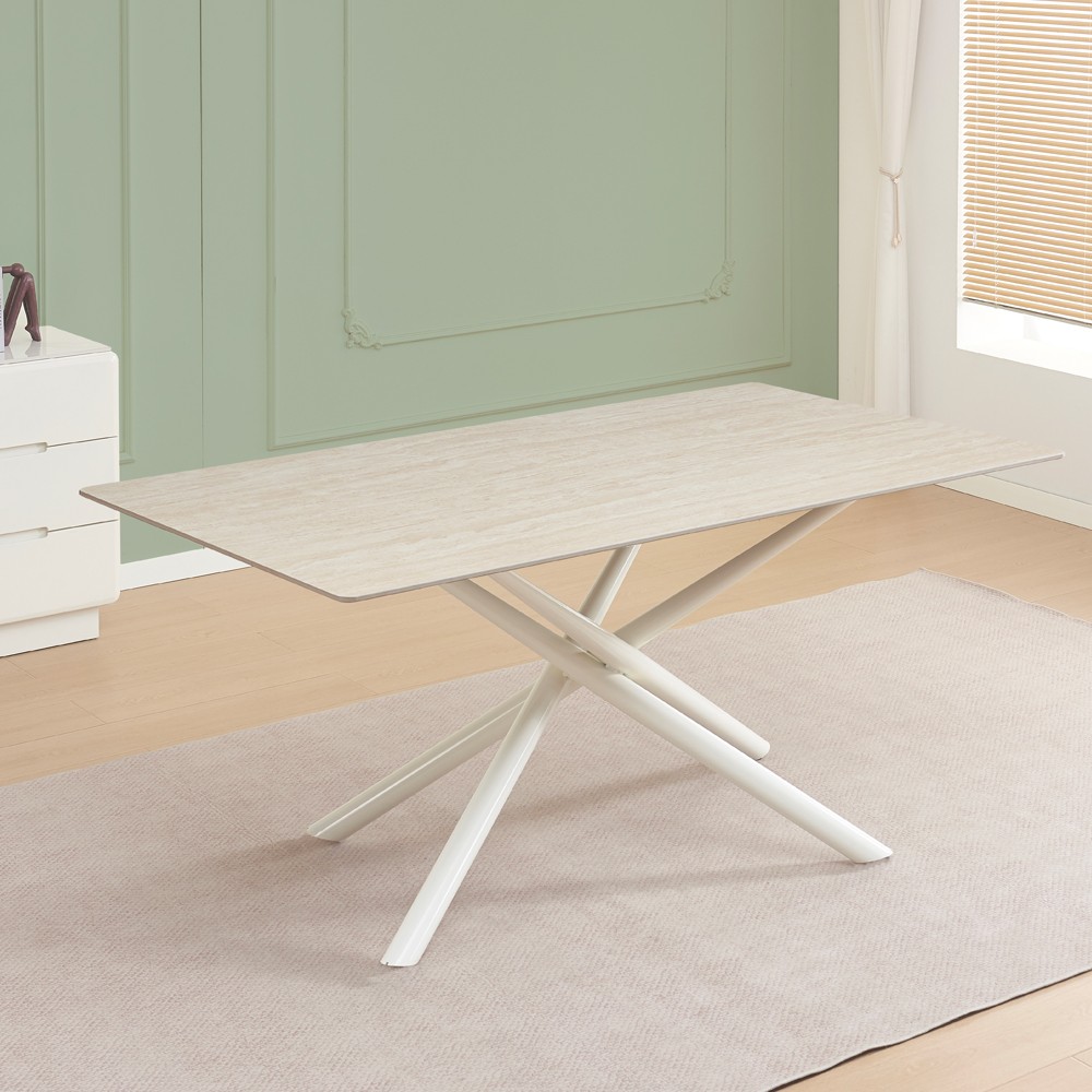 Tavolo fisso Corveo con piano colore travertino e struttura in metallo bianco Tavolo fisso Corveo con piano colore travertino e struttura in metallo bianco
