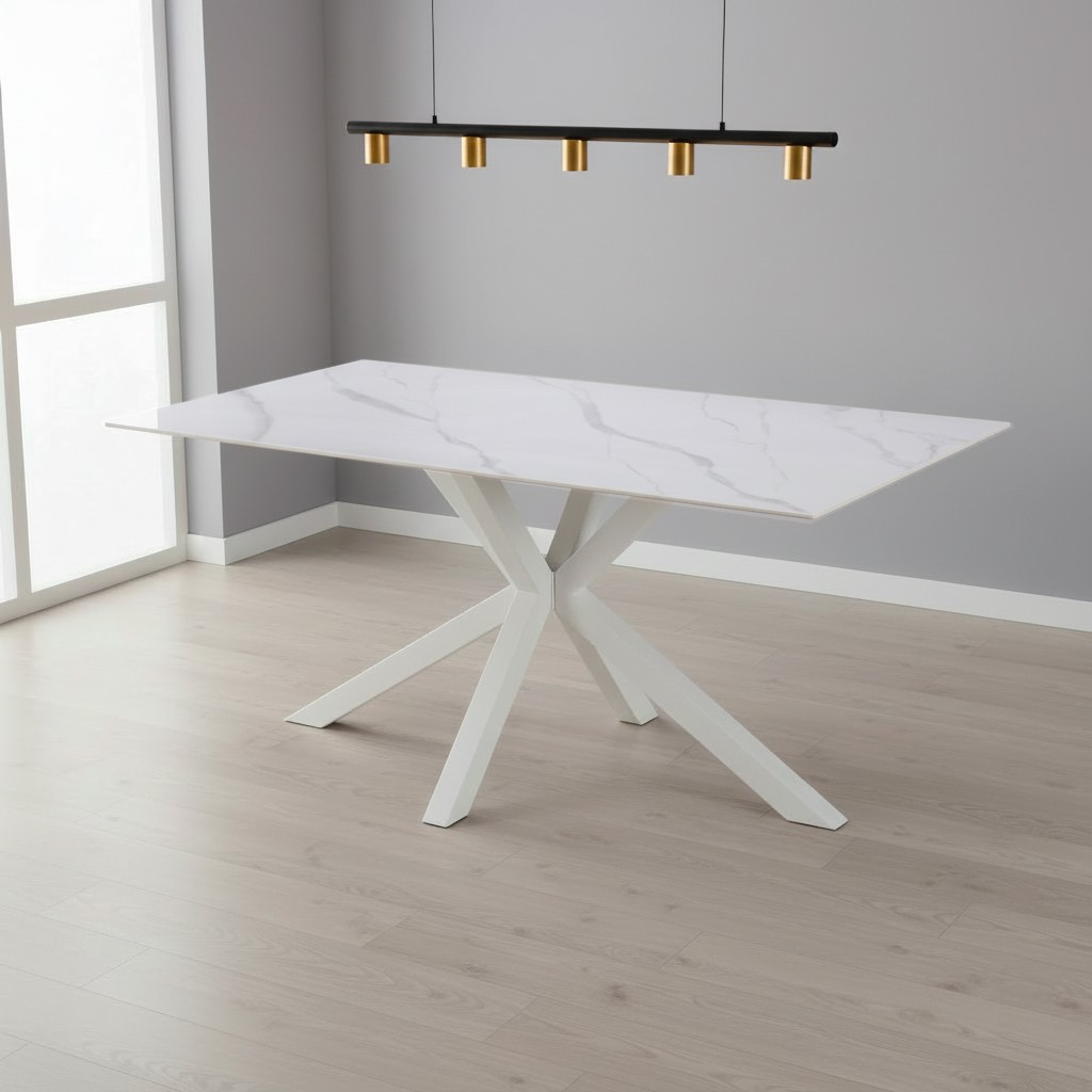 Tavolo fisso Hunter con piano in ceramica effetto marmo bianco opaco e gambe bianche Tavolo fisso Hunter con piano in ceramica effetto marmo bianco opaco e gambe bianche