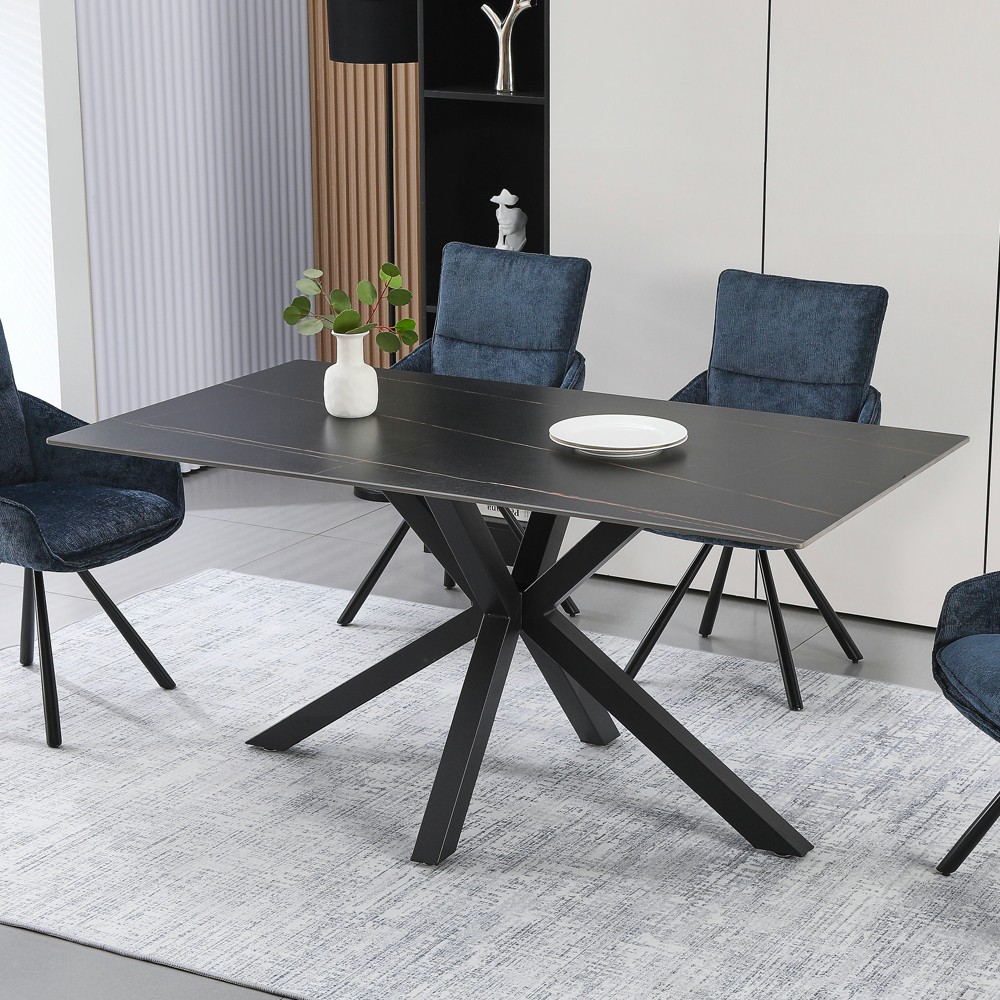 Tavolo fisso Hunter con piano in ceramica effetto marmo nero con venature oro opaco e gambe nere Tavolo fisso Hunter con piano in ceramica effetto marmo nero con venature oro opaco e gambe nere