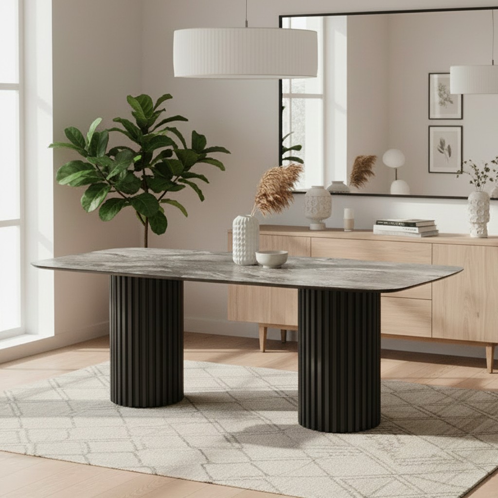 Tavolo fisso Oslo con piano effetto marmo nero arabesque e struttura in legno nero Tavolo fisso Oslo con piano effetto marmo nero arabesque e struttura in legno nero