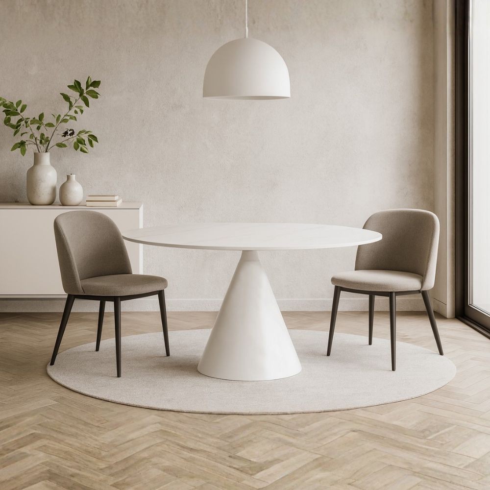 Tavolo fisso Punto con piano effetto marmo bianco lucido D150xH76 cm. Tavolo fisso Punto con piano effetto marmo bianco lucido D150xH76 cm.