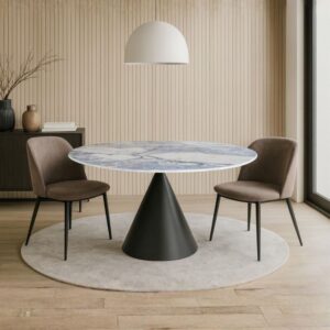Tavolo fisso Punto con piano effetto marmo con dettagli blu lucido D150xH76 cm.
