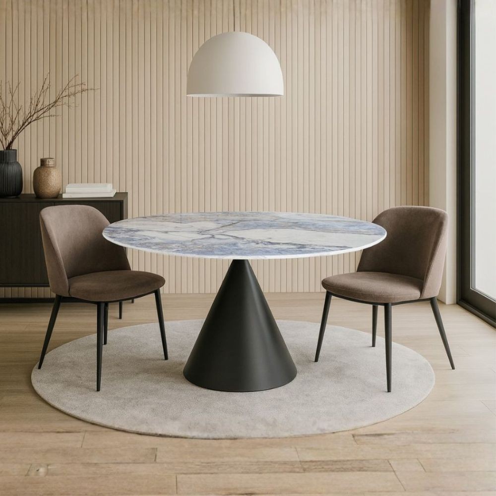 Tavolo fisso Punto con piano effetto marmo con dettagli blu lucido D150xH76 cm. Tavolo fisso Punto con piano effetto marmo con dettagli blu lucido D150xH76 cm.
