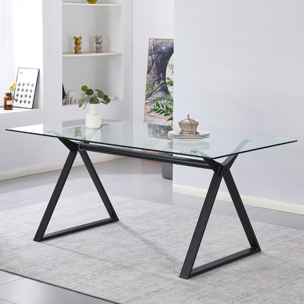 Tavolo fisso scrivania Skylar 150x90 cm. con piano in vetro temperato e gambe nere Tavolo fisso scrivania Skylar 150x90 cm. con piano in vetro temperato e gambe nere