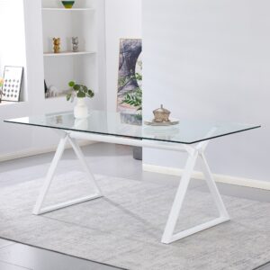 Tavolo fisso scrivania Skylar 180x90 cm. con piano in vetro temperato e gambe bianche