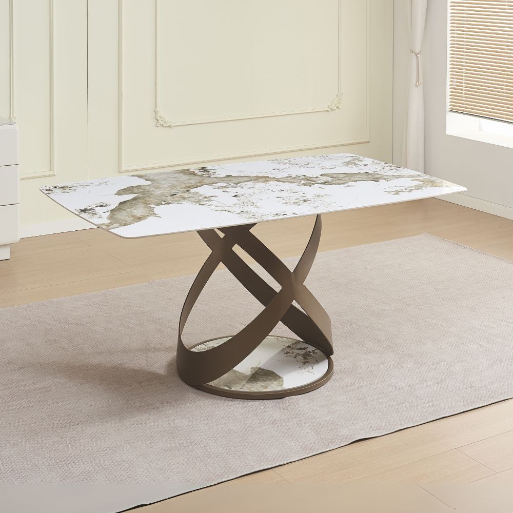 Tavolo fisso Velika con piano in ceramica effetto marmo bianco lucido e gambe in metallo effetto intrecciato Tavolo fisso Velika con piano in ceramica effetto marmo bianco lucido e gambe in metallo effetto intrecciato