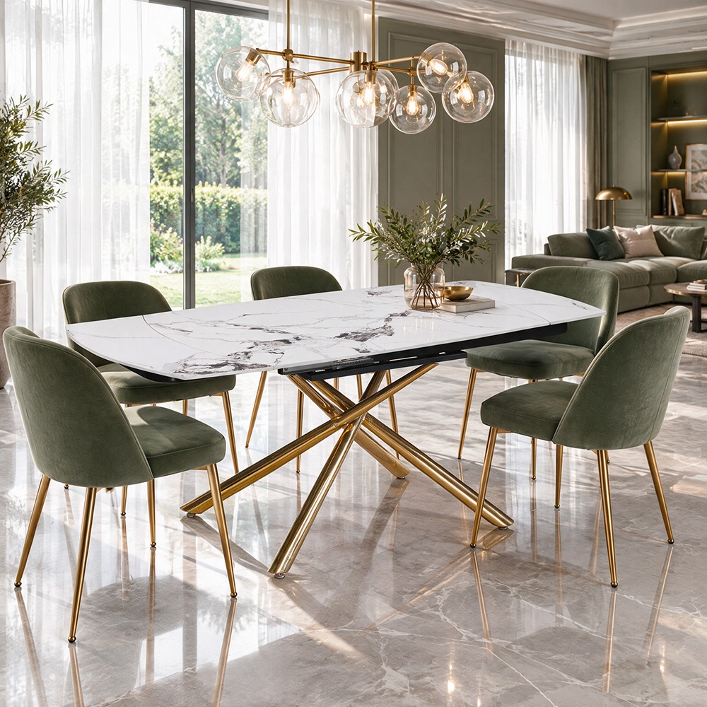 Tavolo girevole allungabile Astrid 140 cm. con piano in ceramica effetto marmo bianco patek lucido e gambe gold Tavolo girevole allungabile Astrid 140 cm. con piano in ceramica effetto marmo bianco patek lucido e gambe gold