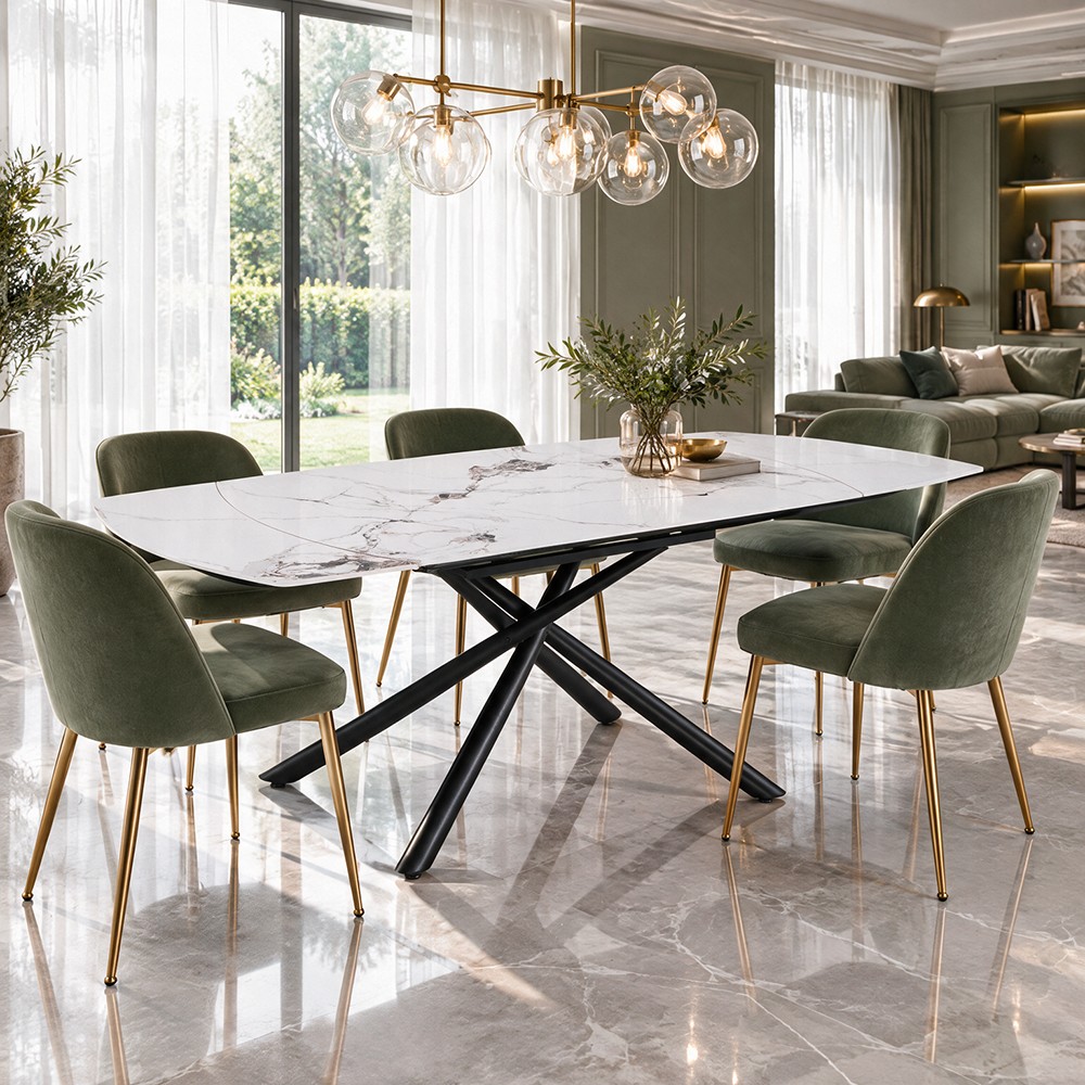 Tavolo girevole allungabile Astrid 140 cm. con piano in ceramica effetto marmo bianco patek lucido e gambe nere Tavolo girevole allungabile Astrid 140 cm. con piano in ceramica effetto marmo bianco patek lucido e gambe nere