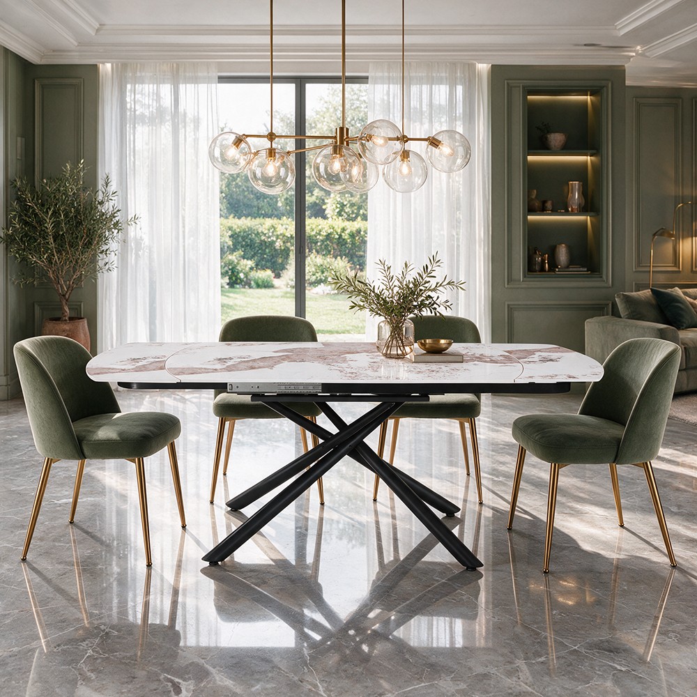 Tavolo girevole allungabile Astrid 160 cm. con piano in ceramica effetto marmo arabesque pandora lucido e gambe nere Tavolo girevole allungabile Astrid 160 cm. con piano in ceramica effetto marmo arabesque pandora lucido e gambe nere