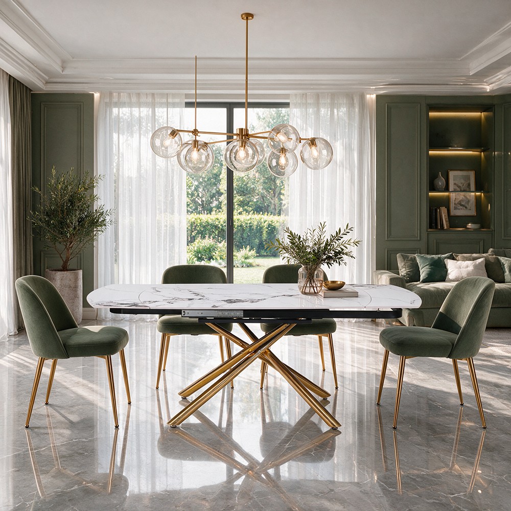 Tavolo girevole allungabile Astrid 160 cm. con piano in ceramica effetto marmo bianco patek lucido e gambe gold Tavolo girevole allungabile Astrid 160 cm. con piano in ceramica effetto marmo bianco patek lucido e gambe gold