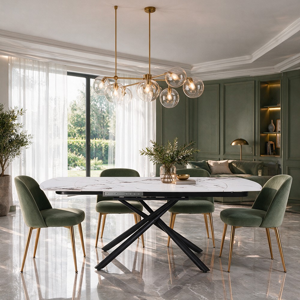 Tavolo girevole allungabile Astrid 160 cm. con piano in ceramica effetto marmo bianco patek lucido e gambe nere Tavolo girevole allungabile Astrid 160 cm. con piano in ceramica effetto marmo bianco patek lucido e gambe nere