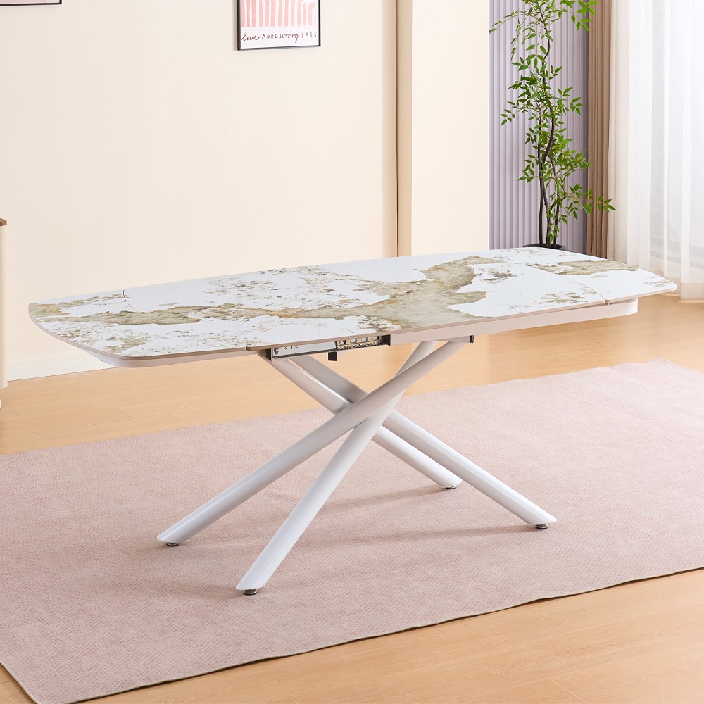 Tavolo girevole automatico allungabile Astrid con piano in ceramica effetto marmo arabesque gloss M317 con gambe colore bianco Tavolo girevole automatico allungabile Astrid con piano in ceramica effetto marmo arabesque gloss M317 con gambe colore bianco