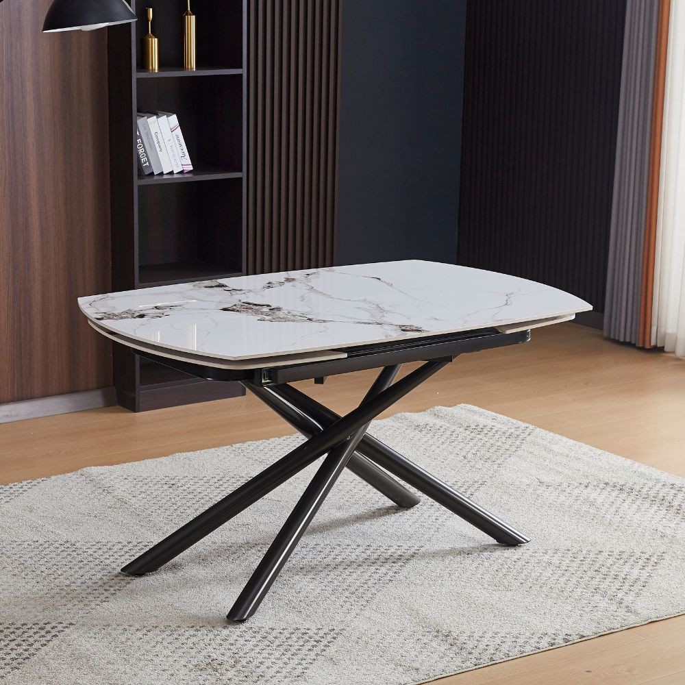 Tavolo girevole automatico allungabile Astrid con piano in ceramica effetto marmo bianco M 322 lucido con gambe colore nero Tavolo girevole automatico allungabile Astrid con piano in ceramica effetto marmo bianco M 322 lucido con gambe colore nero