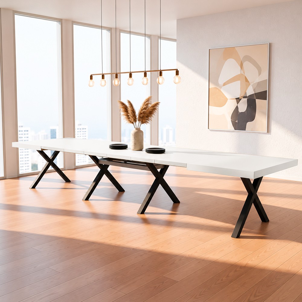 Tavolo Milonga410 160x90 cm. allungabile 410 cm con piano in bianco spatolato e gambe incrociate antracite Tavolo Milonga410 160x90 cm. allungabile 410 cm con piano in bianco spatolato e gambe incrociate antracite
