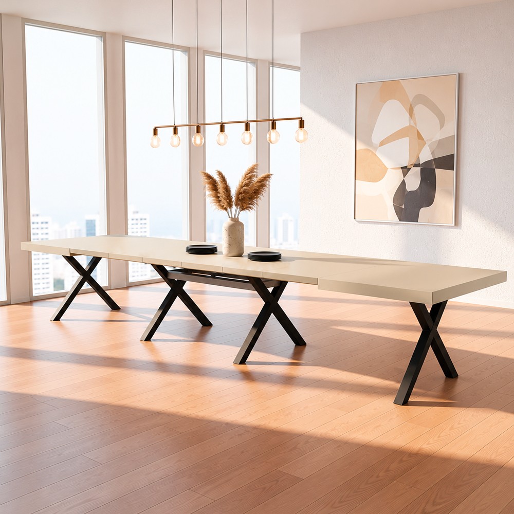 Tavolo Milonga410 160x90 cm. allungabile 410 cm con piano in cashmere e gambe incrociate antracite Tavolo Milonga410 160x90 cm. allungabile 410 cm con piano in cashmere e gambe incrociate antracite