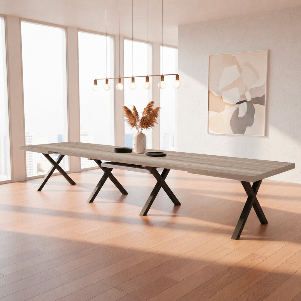 Tavolo Milonga410 160x90 cm. allungabile 410 cm con piano in olmo e gambe incrociate antracite Tavolo Milonga410 160x90 cm. allungabile 410 cm con piano in olmo e gambe incrociate antracite