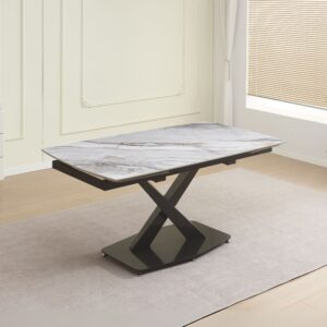 Tavolo Moritz con piano in ceramica effetto marmo bianco M325 lucido e gambe in metallo titanio lucido