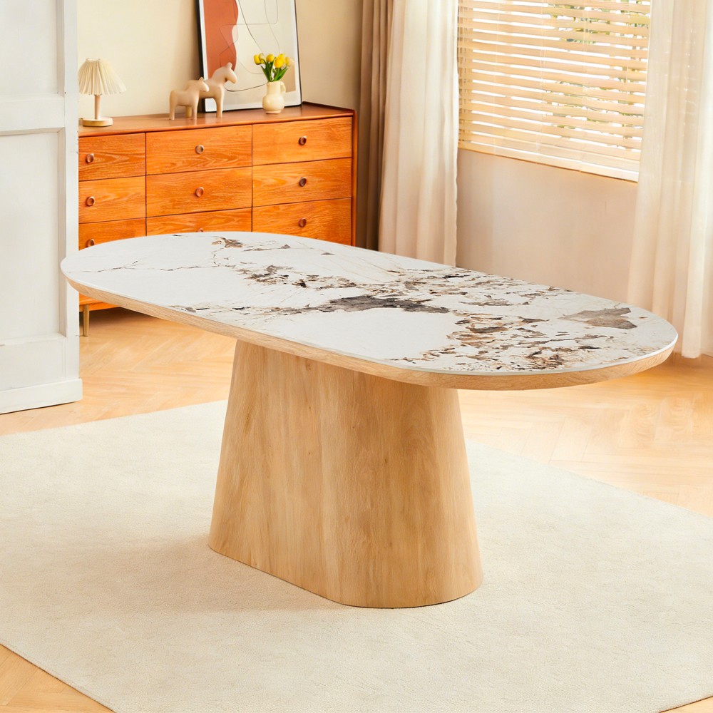 Tavolo ovale Nordico fisso con gamba effetto rovere naturale e top in ceramica effetto marmo bianco arabesque opaco Tavolo ovale Nordico fisso con gamba effetto rovere naturale e top in ceramica effetto marmo bianco arabesque opaco