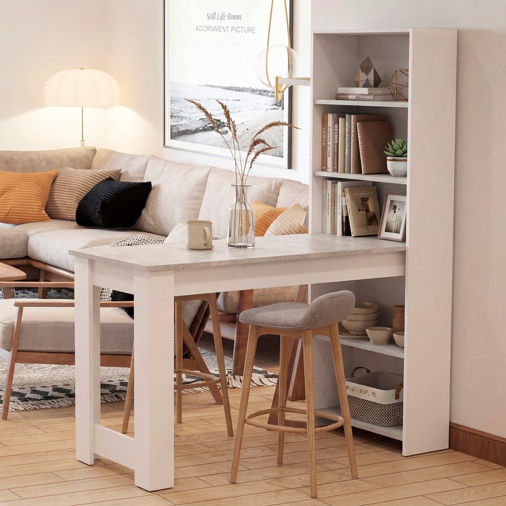 Tavolo penisola Mojo02 con libreria inclusa in bianco e piano cemento Tavolo penisola Mojo02 con libreria inclusa in bianco e piano cemento