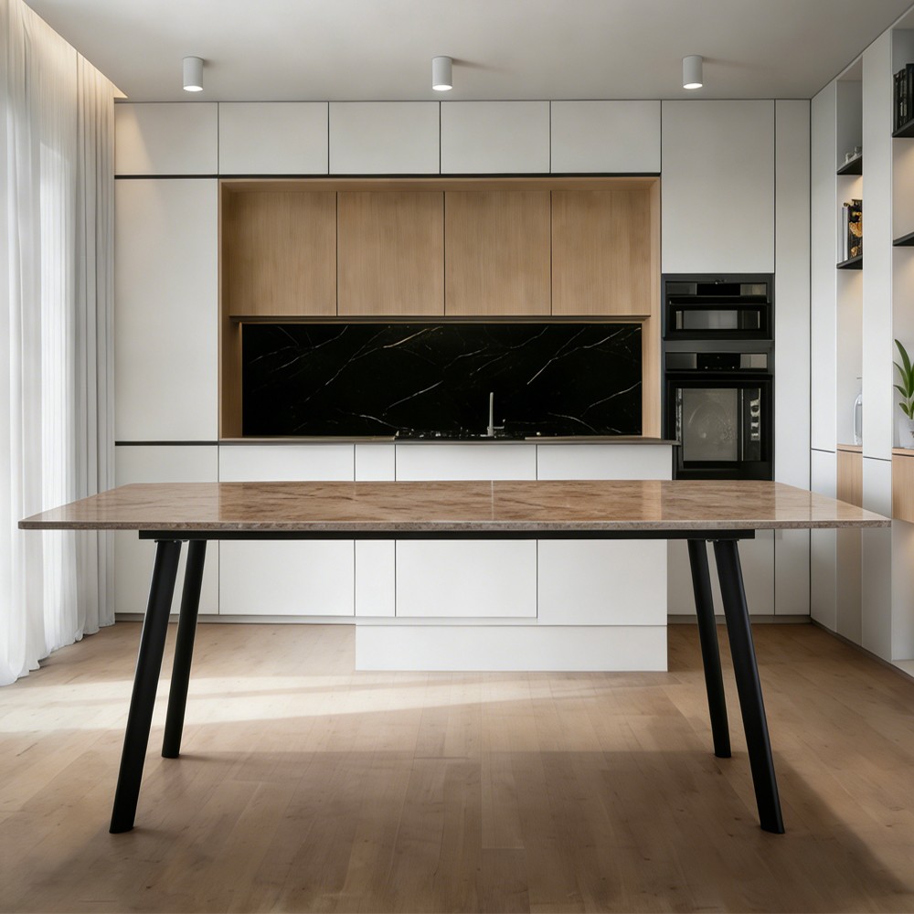 Tavolo rettangolare Imperial con piano in ceramica effetto marmo lucido senafe brown e gambe in metallo nero Tavolo rettangolare Imperial con piano in ceramica effetto marmo lucido senafe brown e gambe in metallo nero